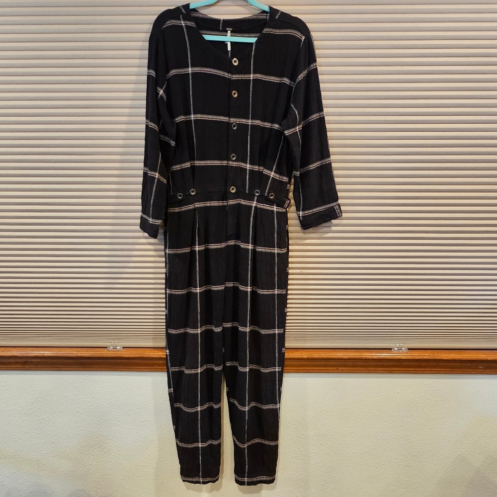 Free People Keep it in Check Black Plaid Button Front Cotton Gauze Jumpsuit Sz S